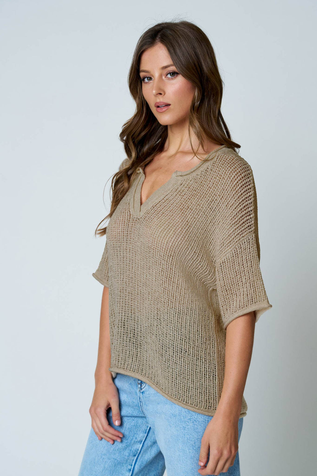 SPLIT NECK SHORT SLEEVE SHEER CROCHET KNIT TOP (PRE-ORDER)