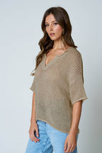 SPLIT NECK SHORT SLEEVE SHEER CROCHET KNIT TOP (PRE-ORDER)