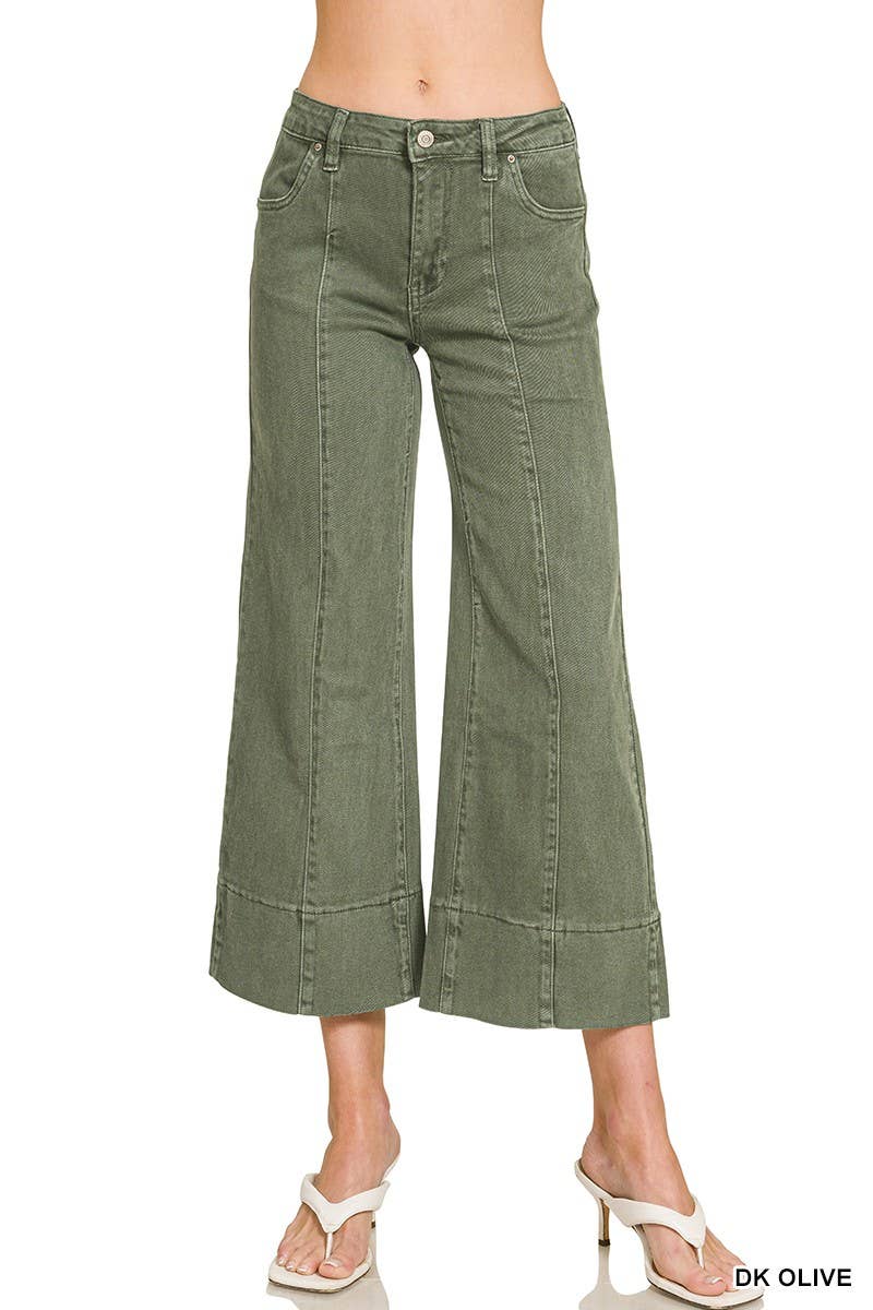 Mid Rise Wide Leg Cropped Color Denim Pants