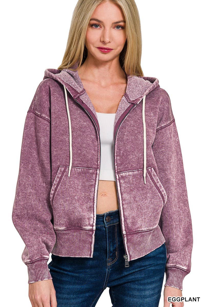 Acid Wash Fleece Cropped Zip-up Hoodie W Pockets
