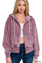 Acid Wash Fleece Cropped Zip-up Hoodie W Pockets