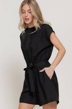 Short Sleeve Back Button Closure Detail Woven Romper