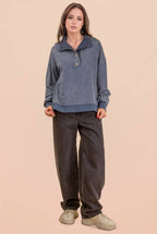 NT12225-Mock Neck Mineral Washed Knit Causal Top