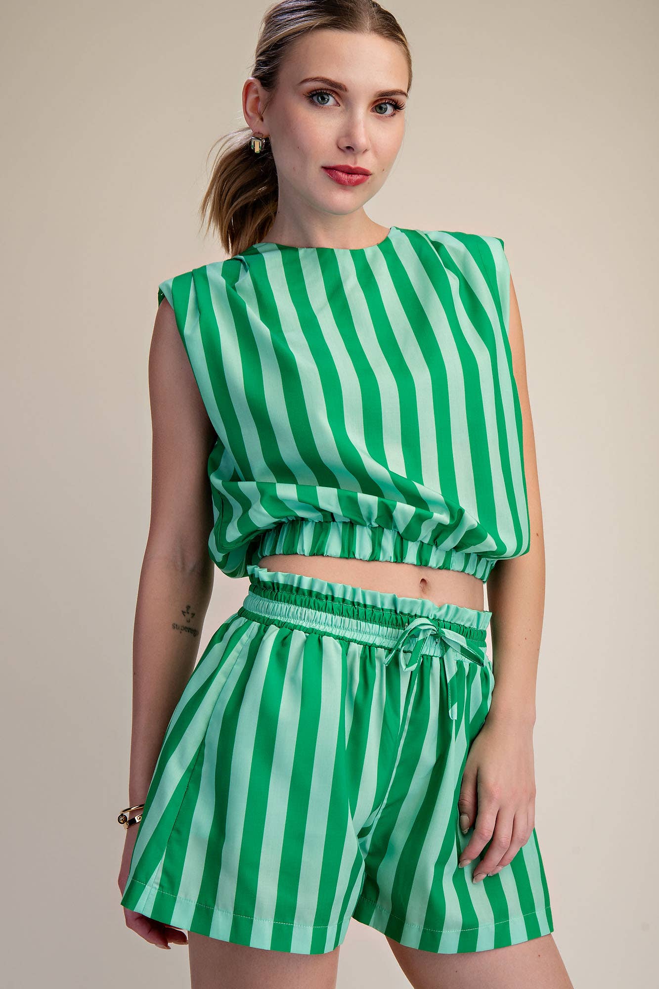 Stripe Top With Padded Shoulder and Elastic Waist