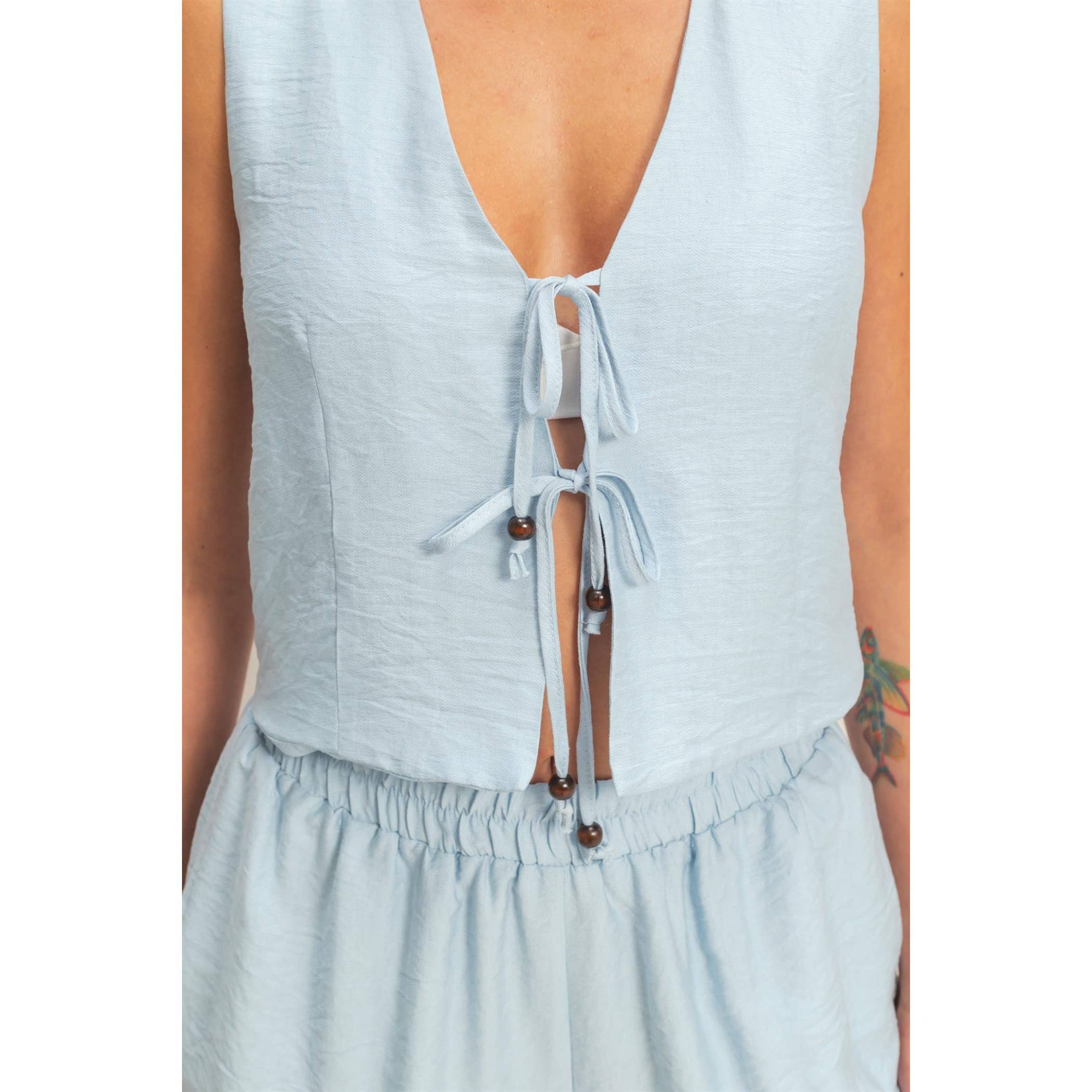 Sleeveless Tie-Front Vest And Elastic Waist Shorts Set