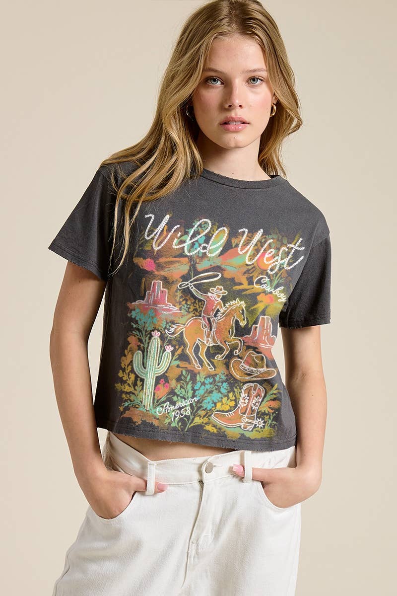 Puff' Wild West Cowboy Graphic S/S Seamless Faux Crop