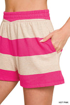 French Terry Striped Half Zip High Neck Top & Shorts Set Zenana