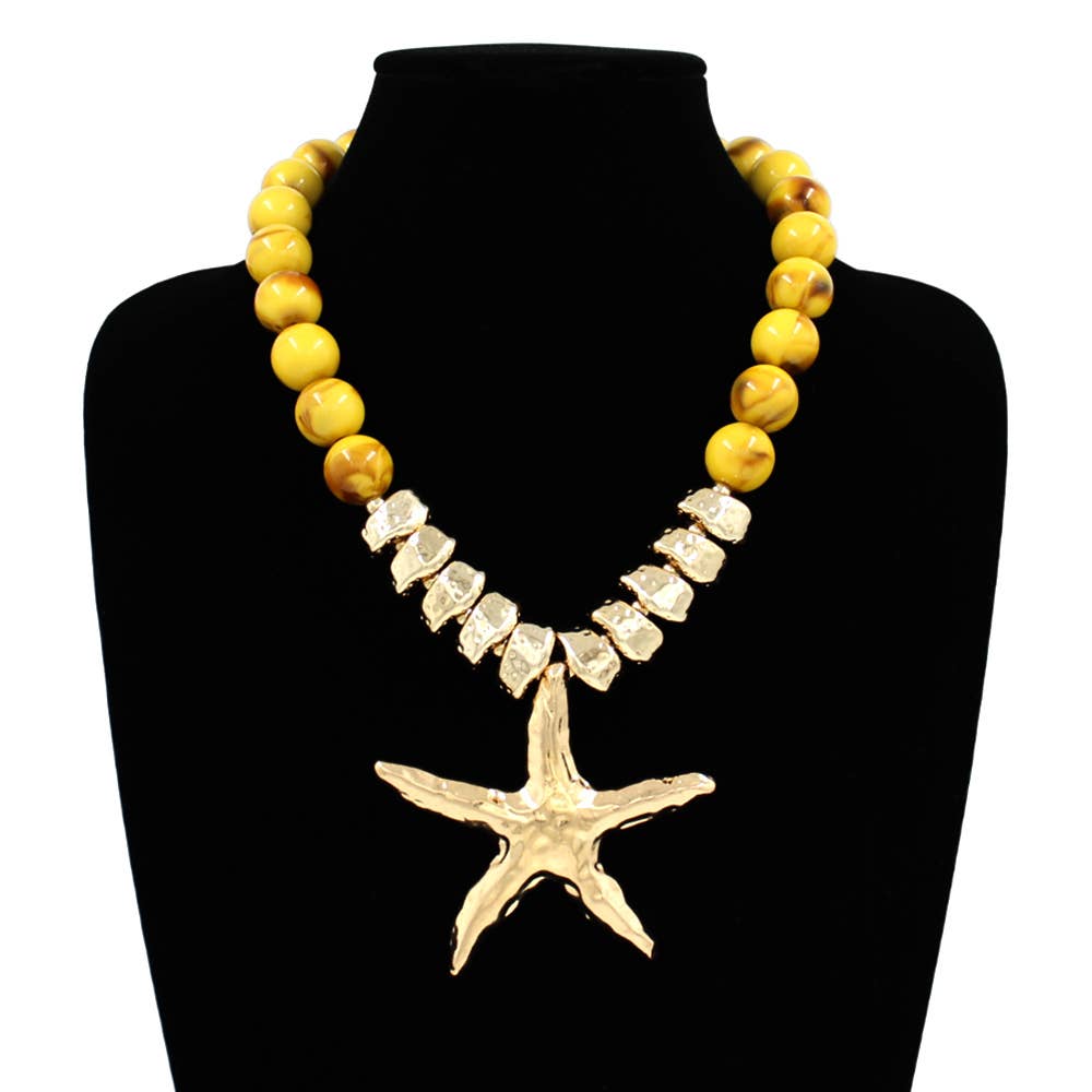 Bold Texture Metal Starfish Pendant Accent Beaded Statement Necklace