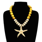Bold Texture Metal Starfish Pendant Accent Beaded Statement Necklace