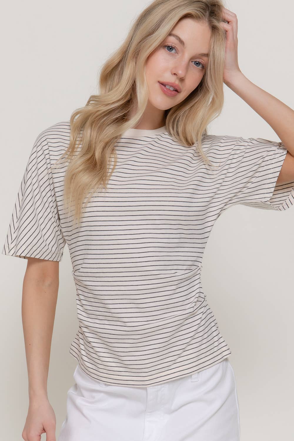Short Dolman Sleeve Defined Silhouette Stripe Knit Top