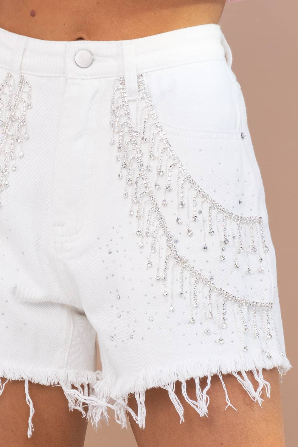 17519P - Sprinkle Gem Double Rhinestone Fringe Denim Shorts