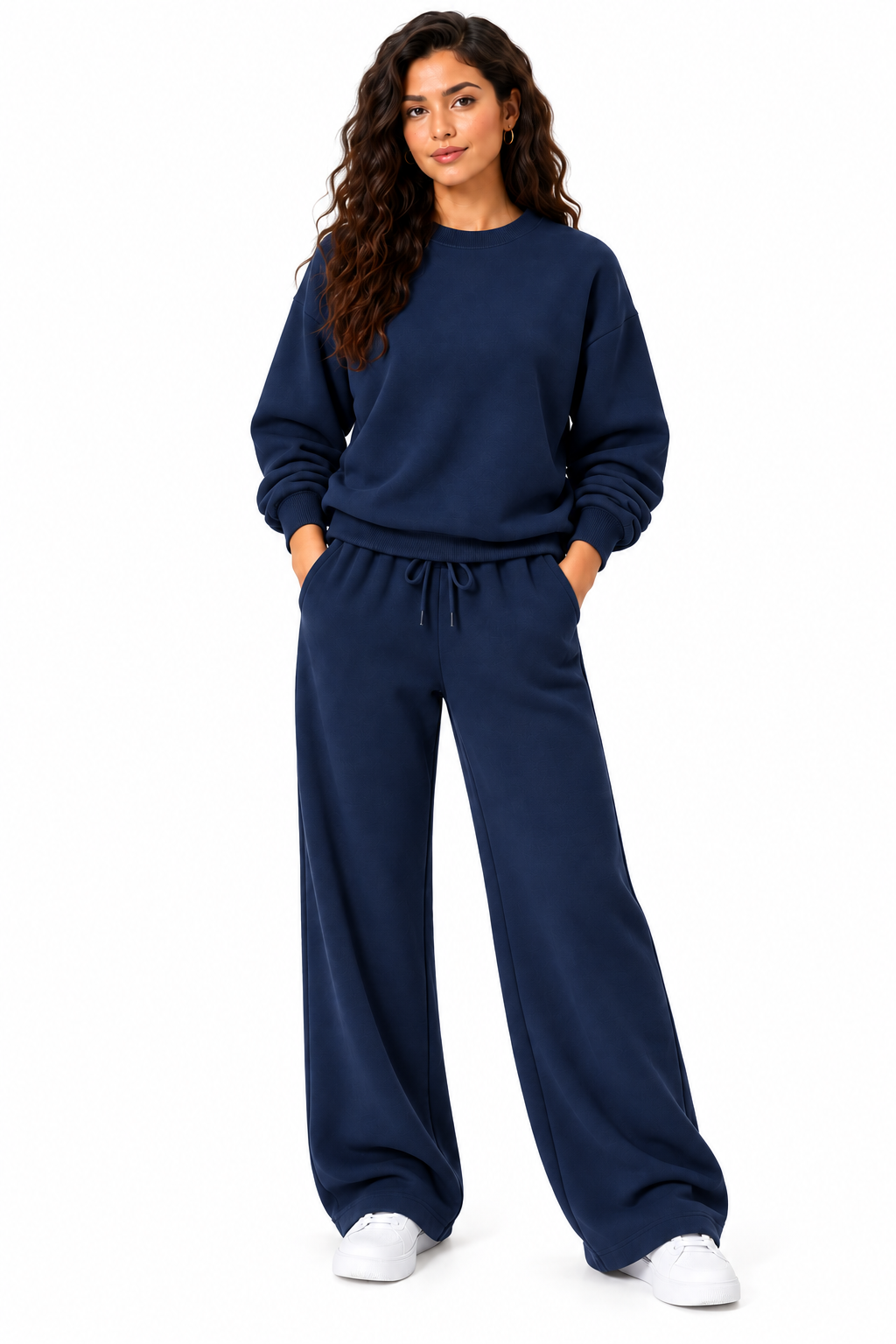 Fleece lined sweat shirt with wide leg loungewear 2 pcs set