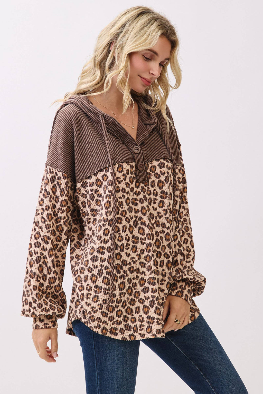 Leopard Button Front Drawstring Hooded Sweatshirt