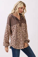 Leopard Button Front Drawstring Hooded Sweatshirt
