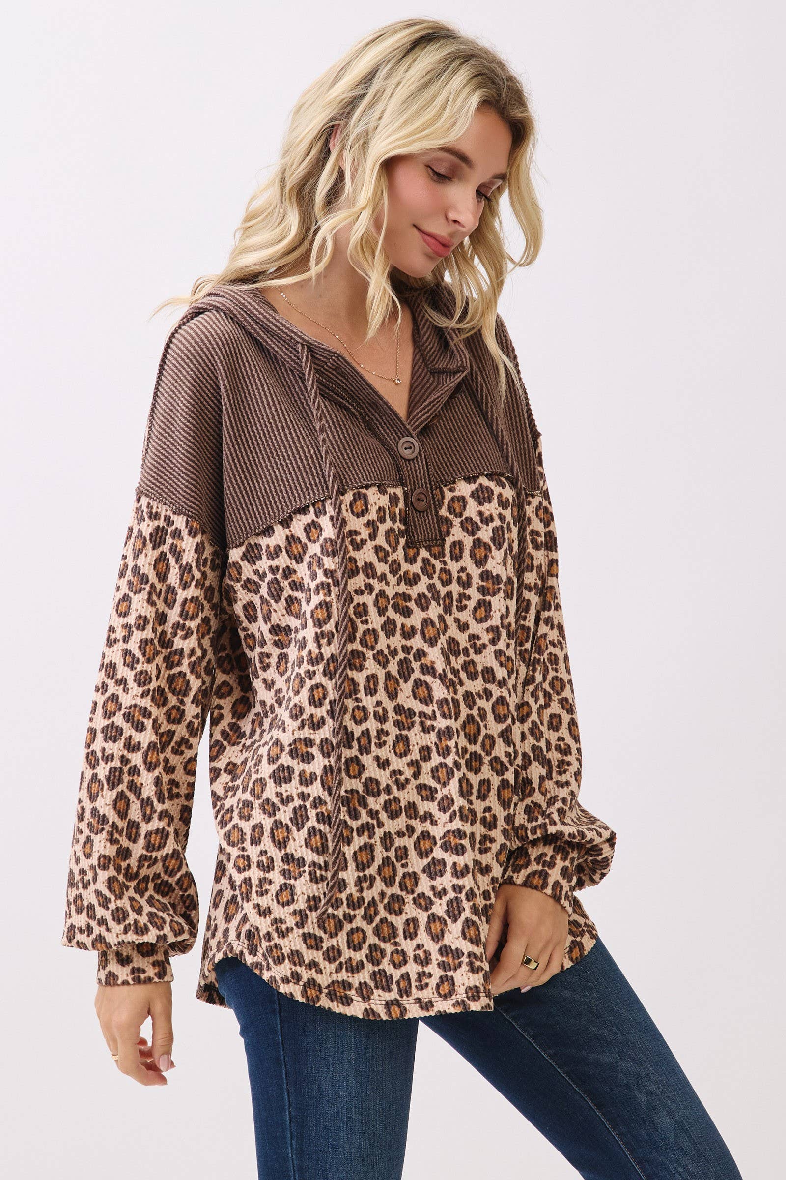 Leopard Button Front Drawstring Hooded Sweatshirt