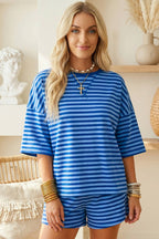 66Plus Striped Short Sleeve Top and Shorts Lounge Set (S-4X)
