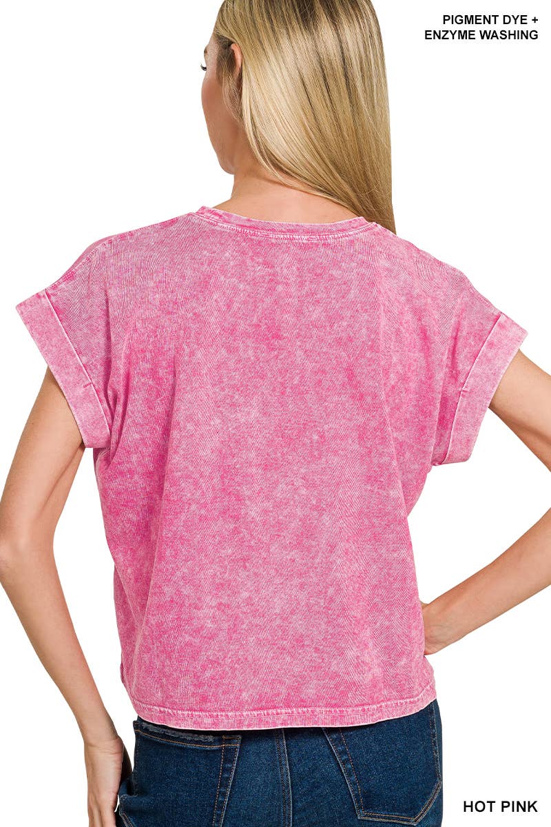 Halo Washed Cotton Cuffed Short Sleeve Top