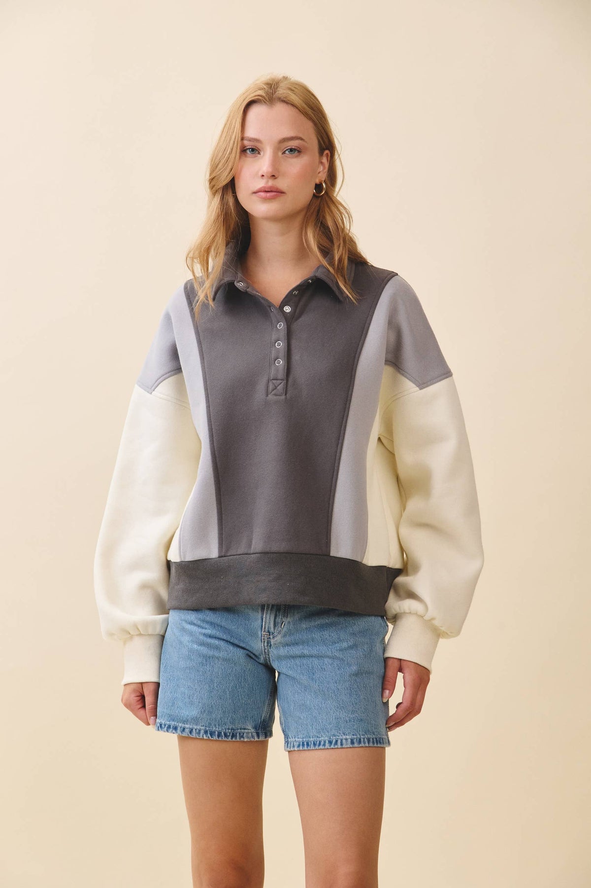 9161HK Collared Colorblock Henley Pullover Sweatshirt