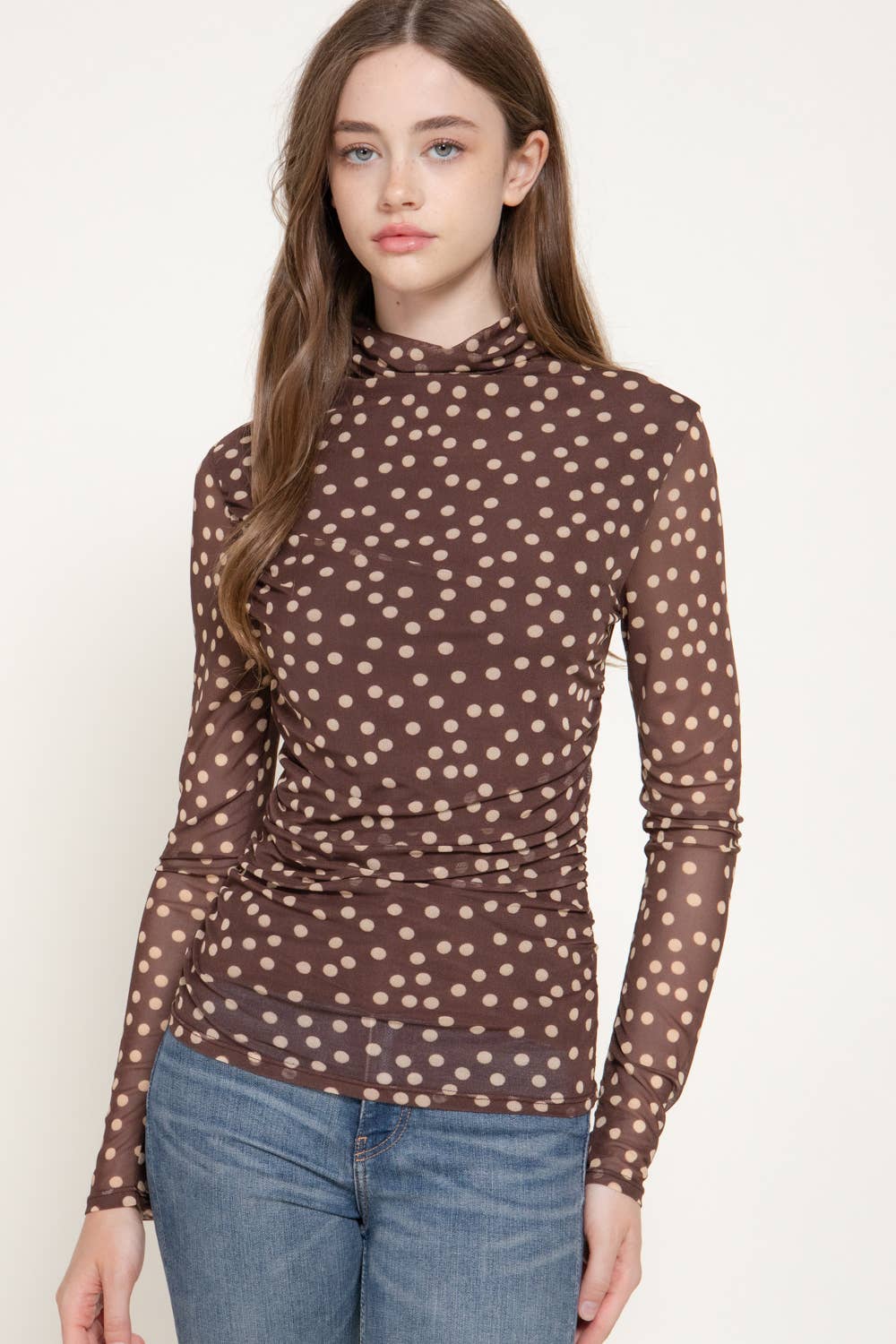 Long Sleeve High Neck Ruched Dot Print Mesh Top