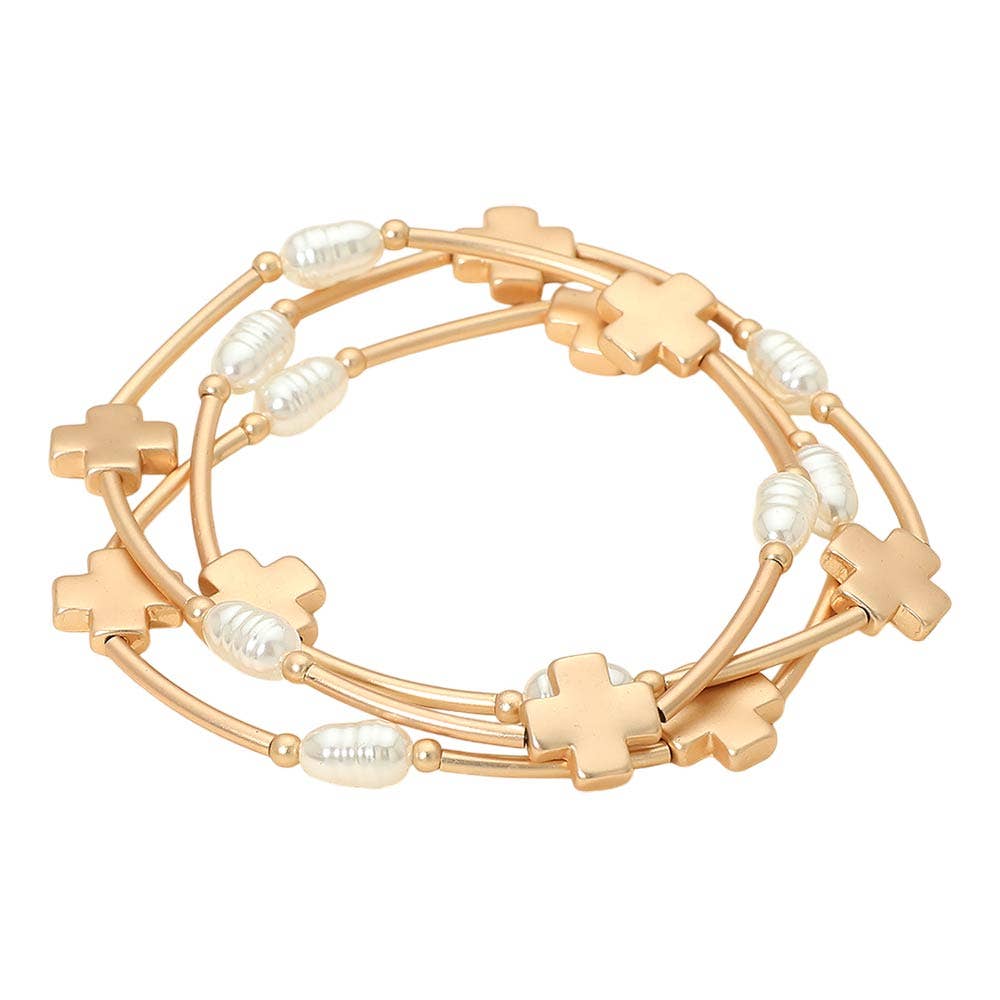 3PCS - Cross Charm Pearl Beaded Stretch Multi Layered Bracelets