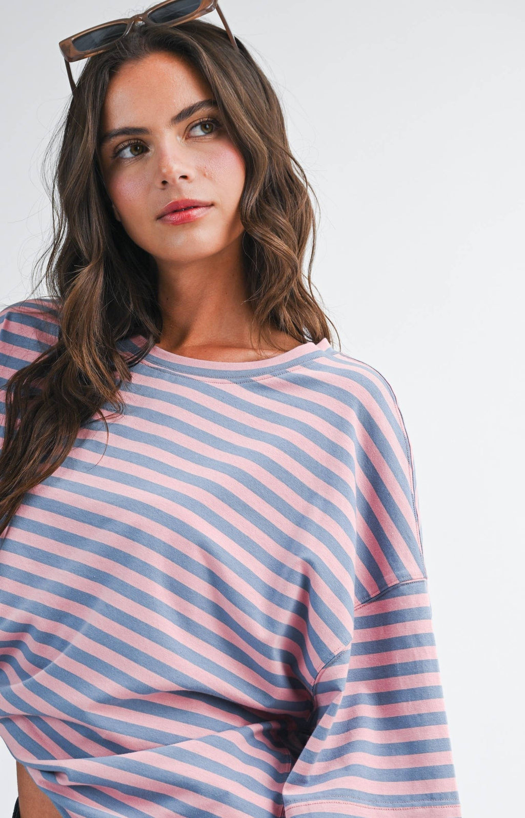 8645IN Mock Neck Yarn-Dyed Striped Oversized Long Sleeve Tee