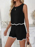 Black Crochet Trim Sleeveless Top and Shorts Summer Set