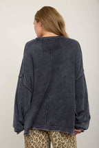 WASHED RAW EDGE CREW NECK DROP SLEEVE SWEATER