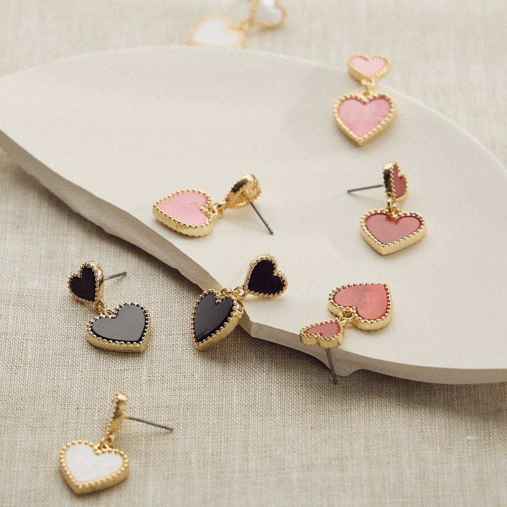 Dual Heart Shell Drop Earrings | Natural Inlay with Polished Metal Trim