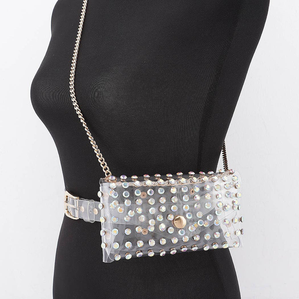 Rhinestone Clear Belt Bag W/Chain PB8633