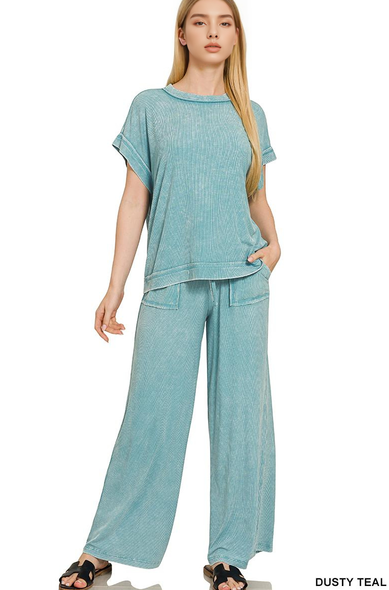 Ribbed Acid Wash Rayon Top & Pants