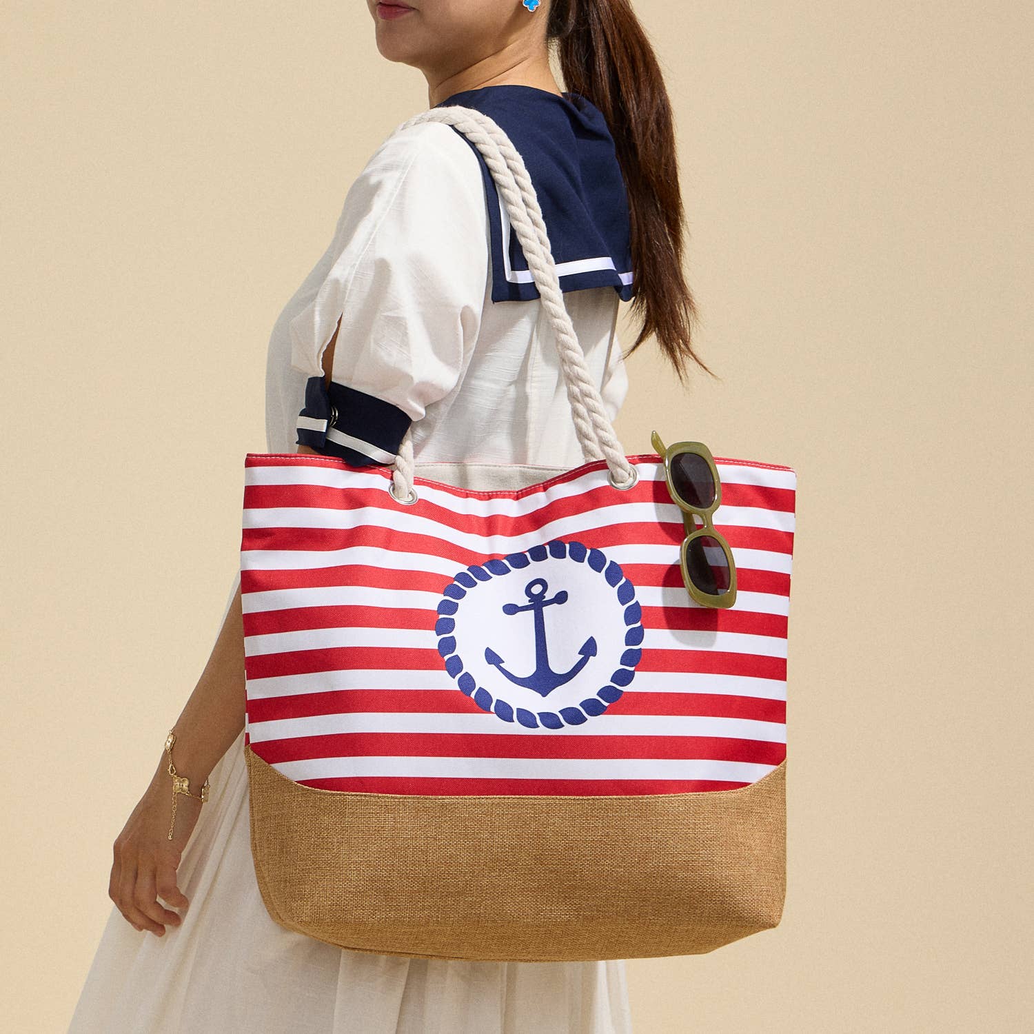 Coastal Chic | Nautical Anchor and Stripe Beach Tote