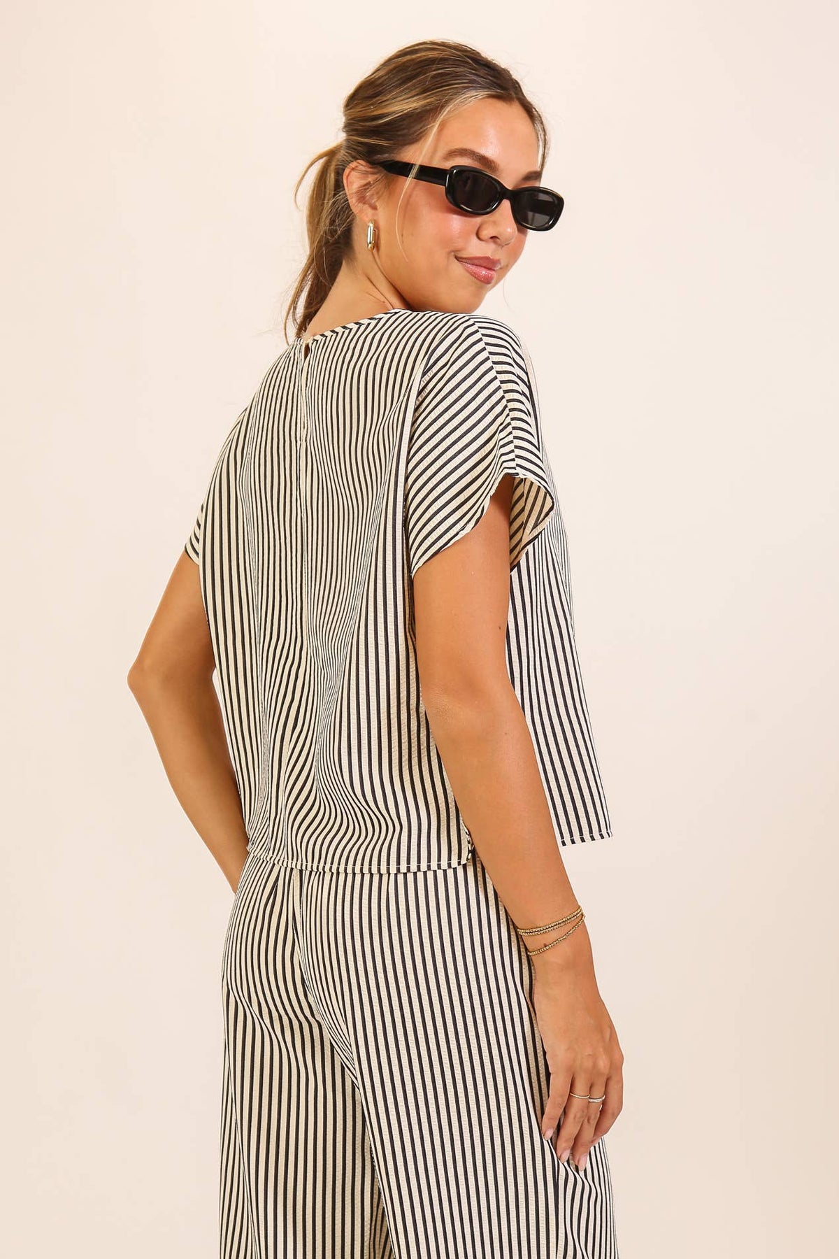 Striped Textured Top & Wide Leg Pant Set