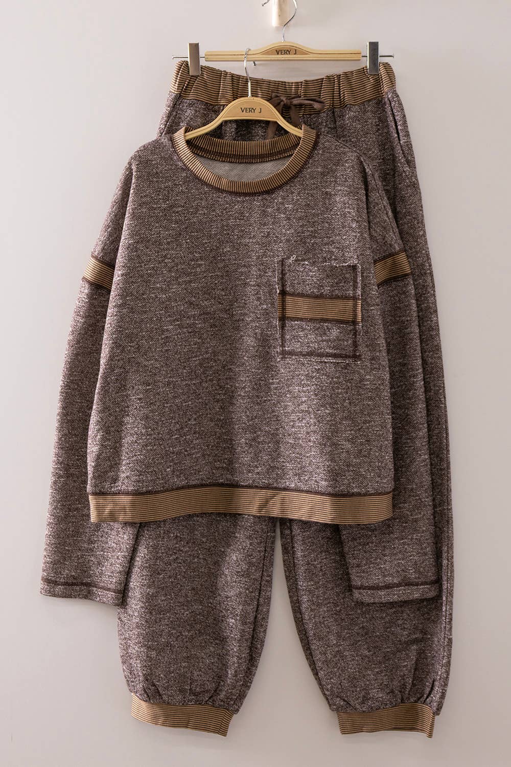 NT12845SET-Contrast Rib Trim Heathered Knit Lounge Set