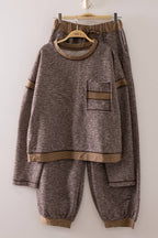 NT12845SET-Contrast Rib Trim Heathered Knit Lounge Set