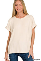 Soft Melange Folded Sleeve Round Neck Top - Zenana