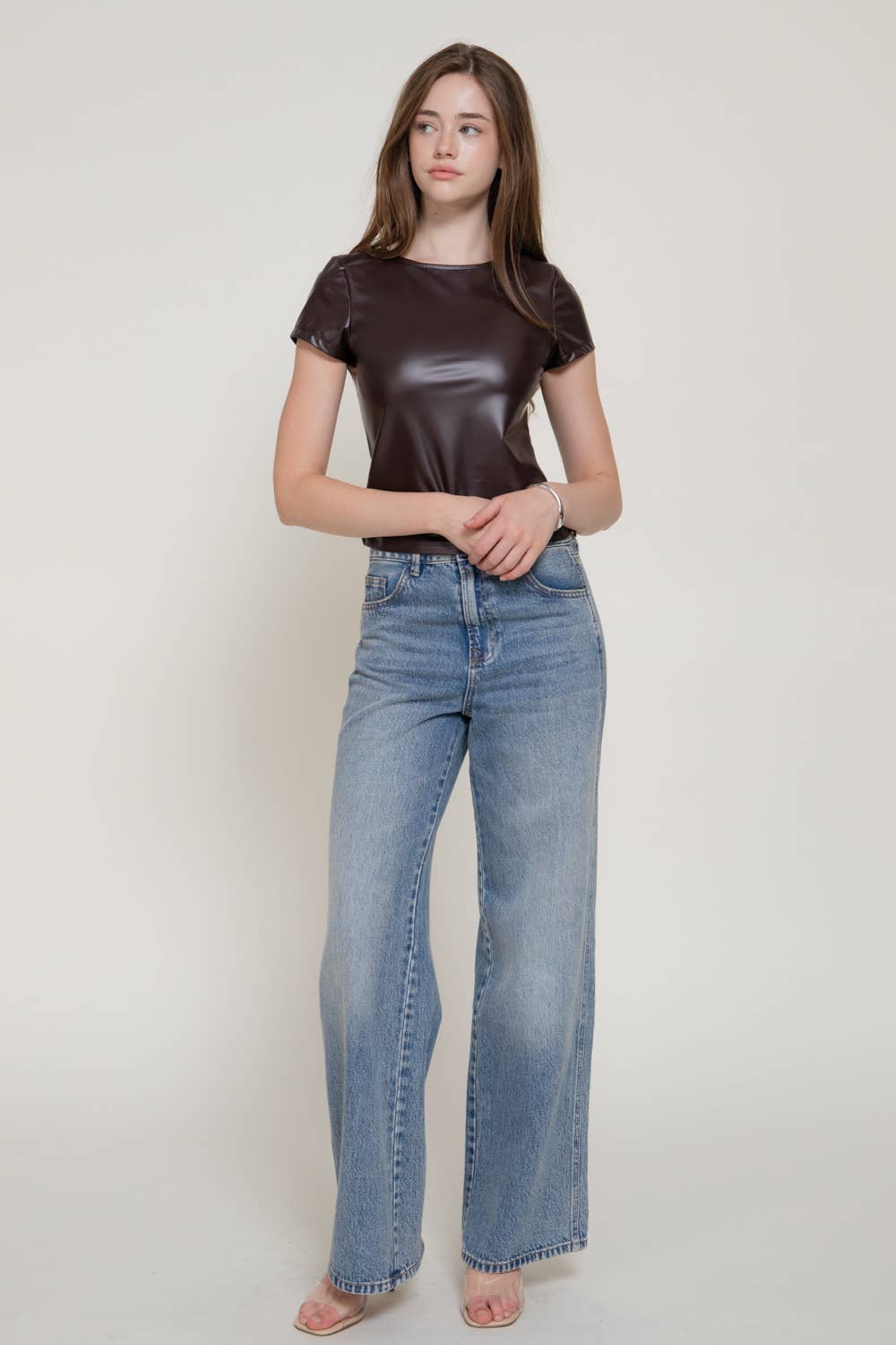 Short Sleeve Round Neck Stretch Faux Leather Top