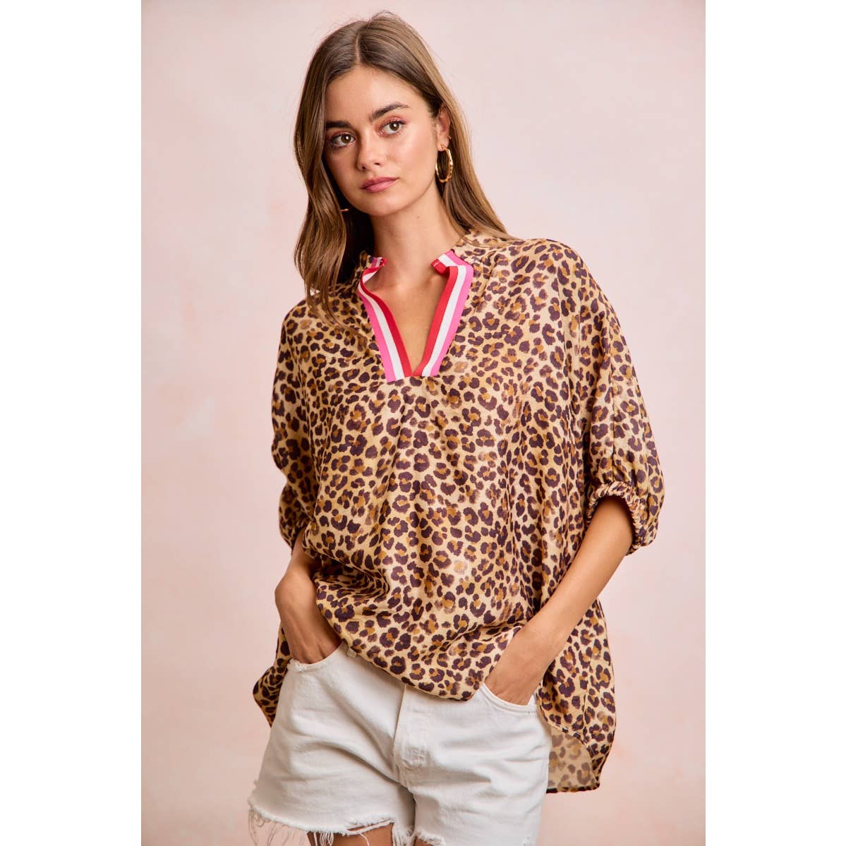 LEOPARD CONTRAST BANDED DOLMAN SLEEVES BLOUSE TOP