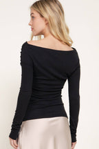 Long Sleeve Wrap Neckline Draped Detail Straight Knit Top
