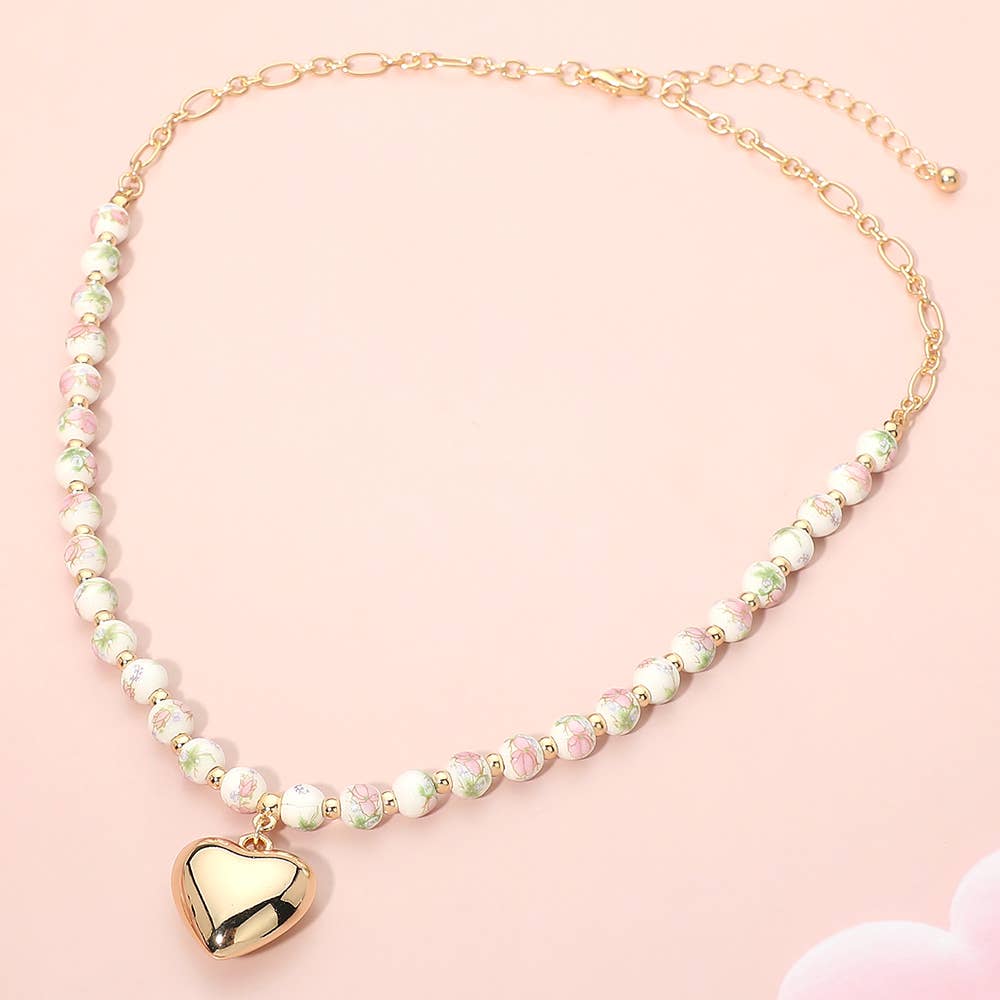 Floral Ceramic Ball Beaded Heart Pendant Necklace