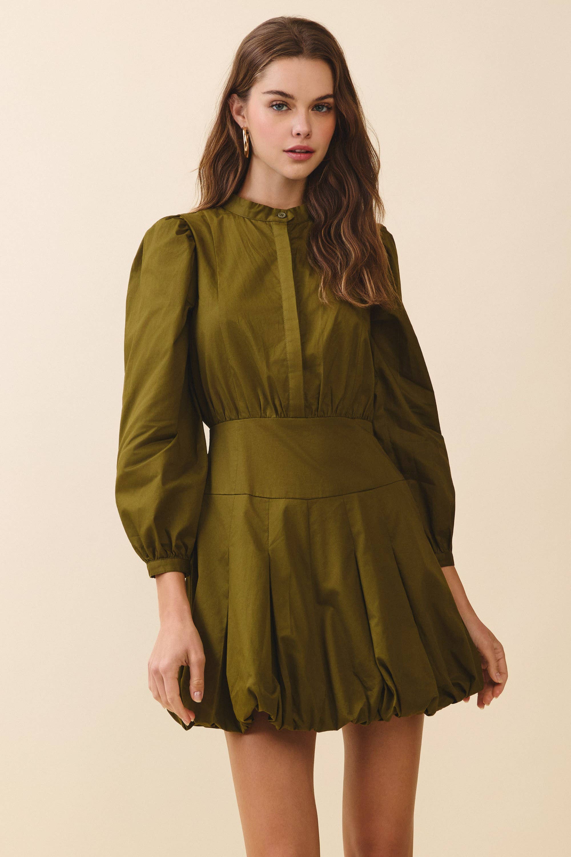 CD06354-Mandarin Collar Covered Button Placket Mini Dress