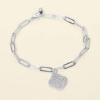 Stainless Steel Rhinestone Pave Quatrefoil Charm Paperclip Chain Link Bracelet