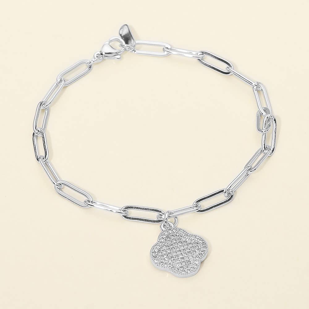 Stainless Steel Rhinestone Pave Quatrefoil Charm Paperclip Chain Link Bracelet