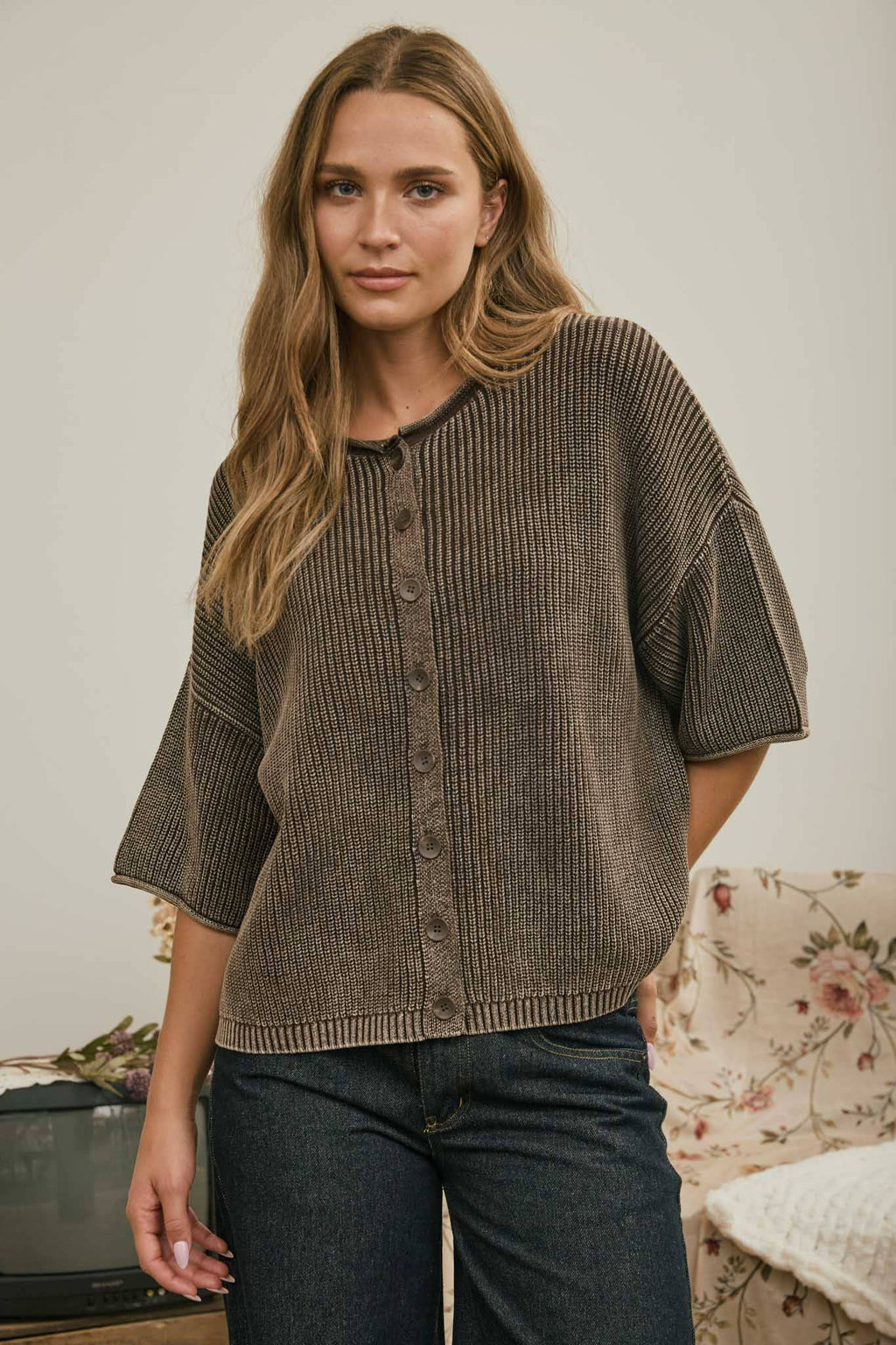 WASHED RIBBED SHORT SLEEVE ROLLED EDGE CARDIGAN