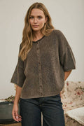 WASHED RIBBED SHORT SLEEVE ROLLED EDGE CARDIGAN