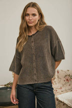 WASHED RIBBED SHORT SLEEVE ROLLED EDGE CARDIGAN
