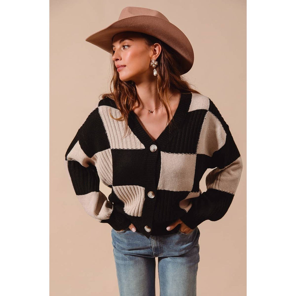 CHECKERED BUTTON FRONT TEXTURED SWEATER CARDIGAN