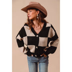 CHECKERED BUTTON FRONT TEXTURED SWEATER CARDIGAN