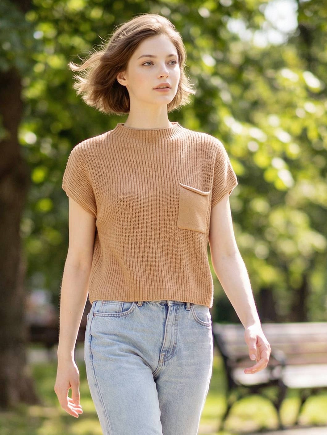 Mock Neck Short Sleeve Crop Sweater