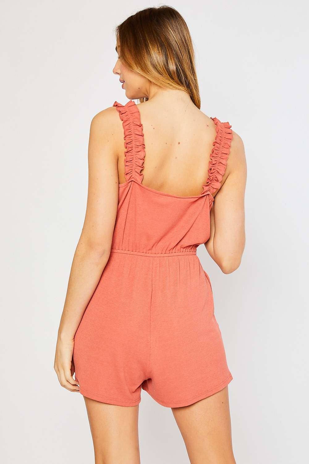 RIB RUFFLE DETAIL STRAP ROMPER