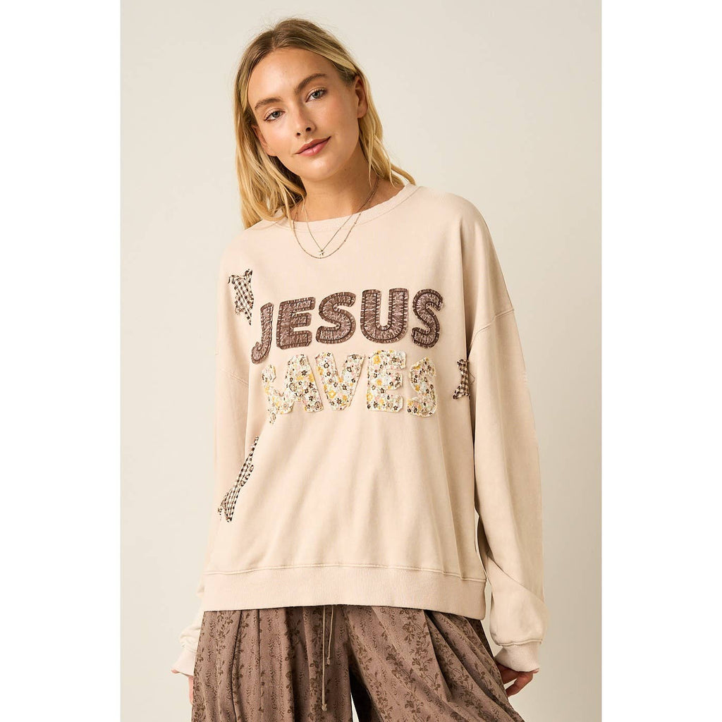 JESUS SAVES PATCHWORK CREW NECK SWEATSHIRT